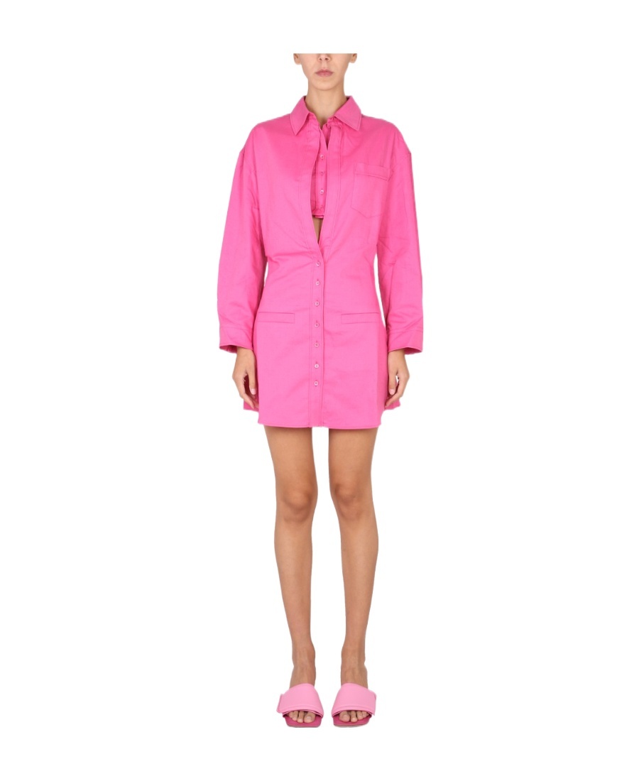 Jacquemus Baunhilha Layered Linen Mini Shirt Dress In Pink