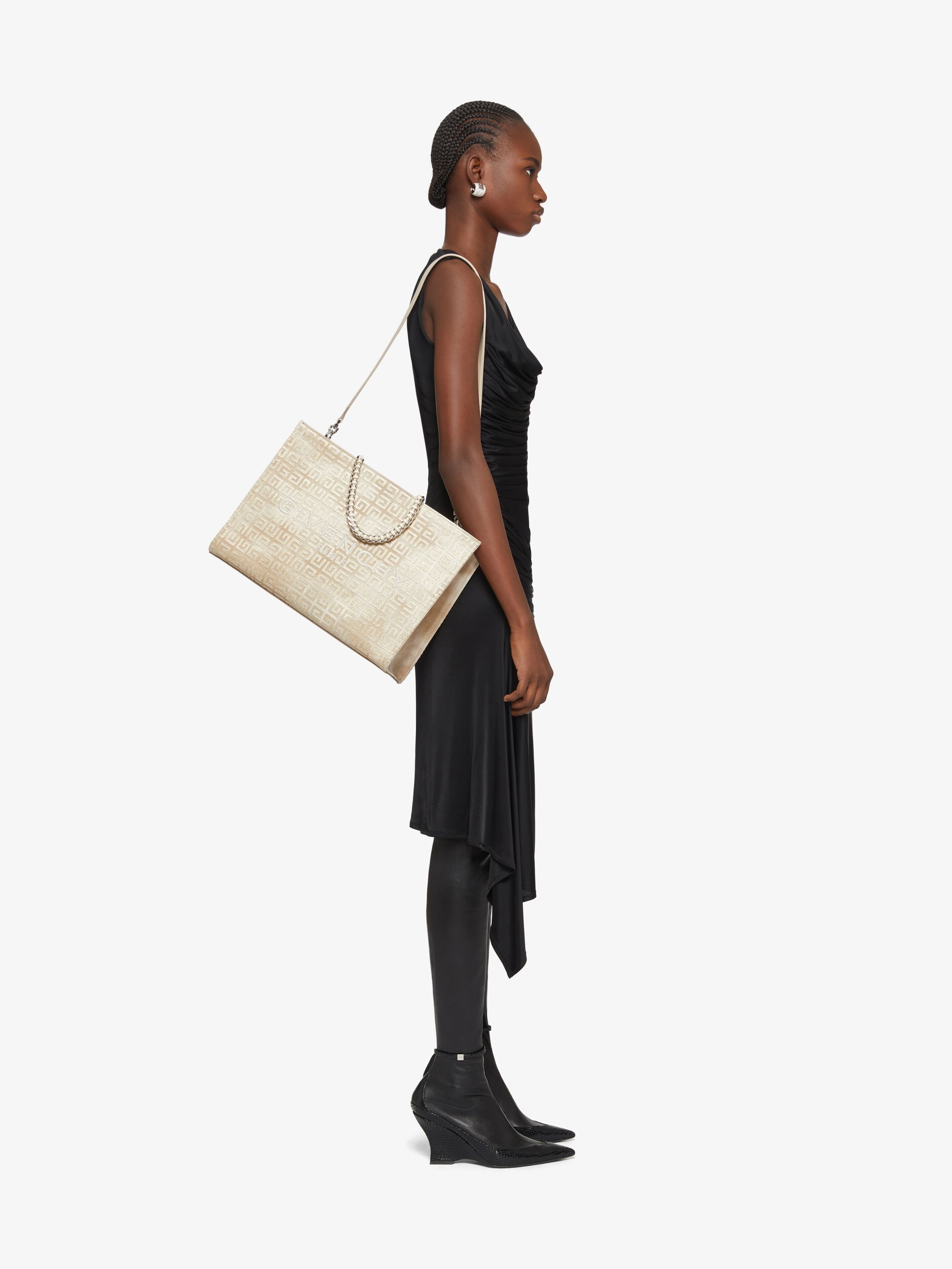 Givenchy G-tote Medium Shopping Bag In 4g Logo Canvas With Chain Handles In Nude