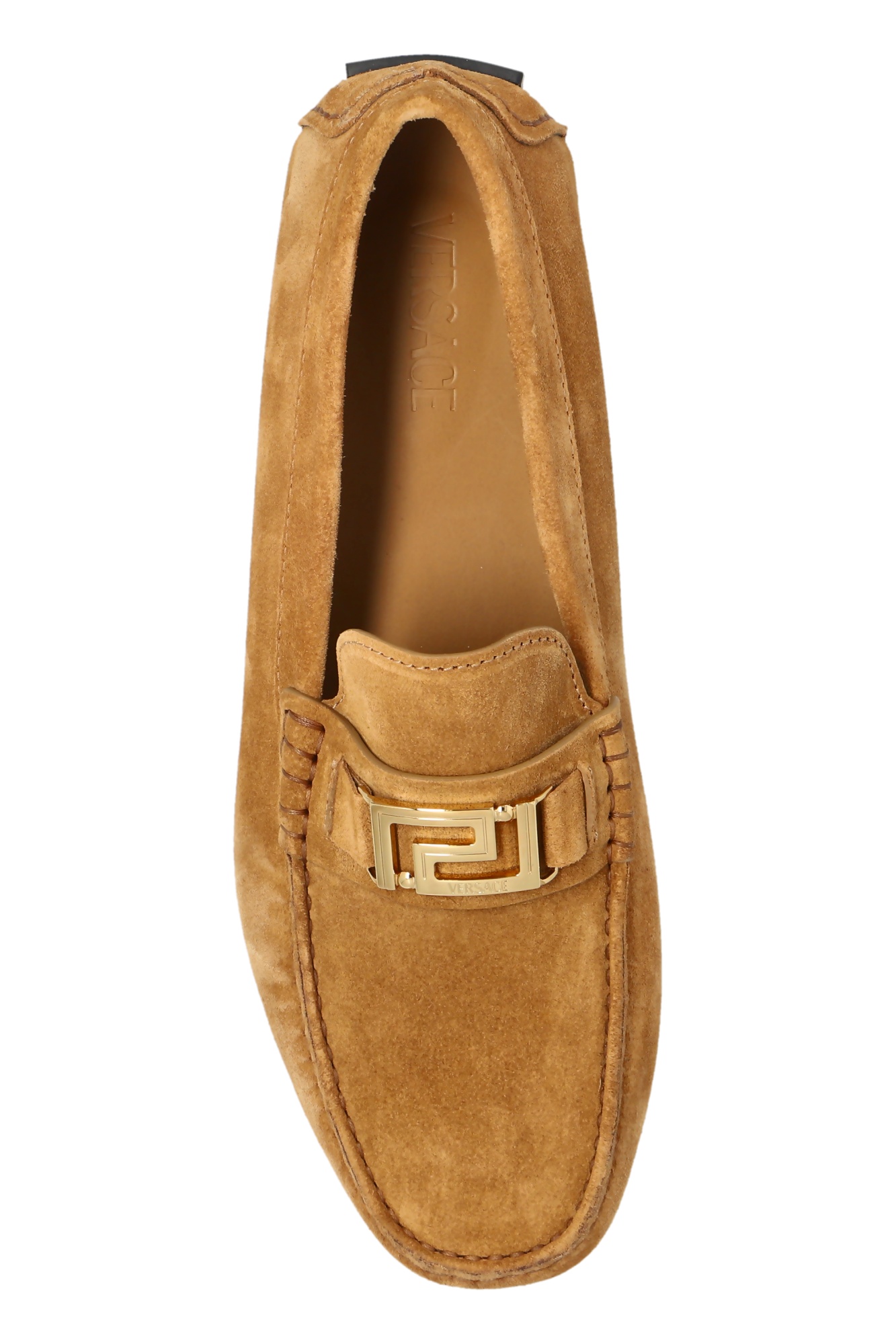 Versace Greca Plaque Suede Loafers In Brown