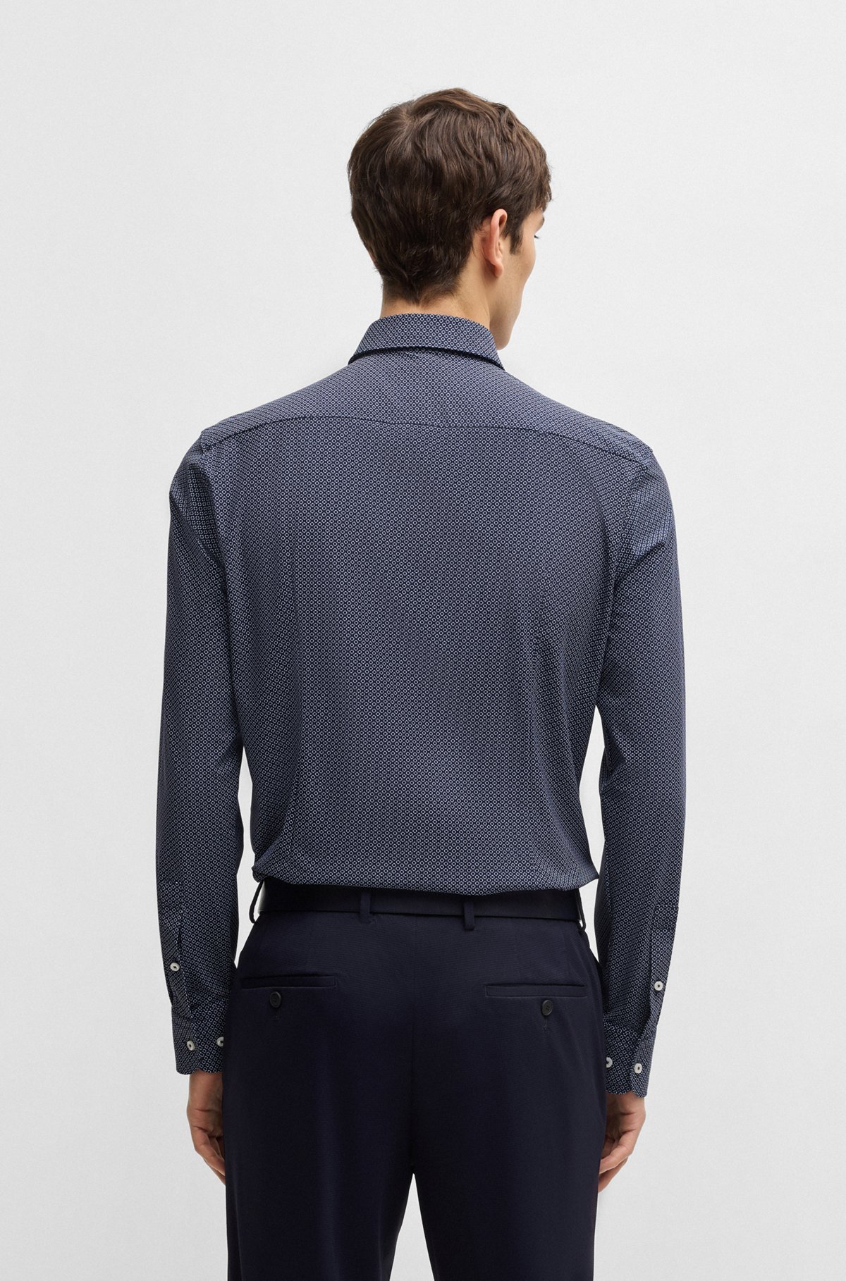 Hugo Boss Slim-fit Shirt In Geometric-print Performance-stretch Jersey In Blue