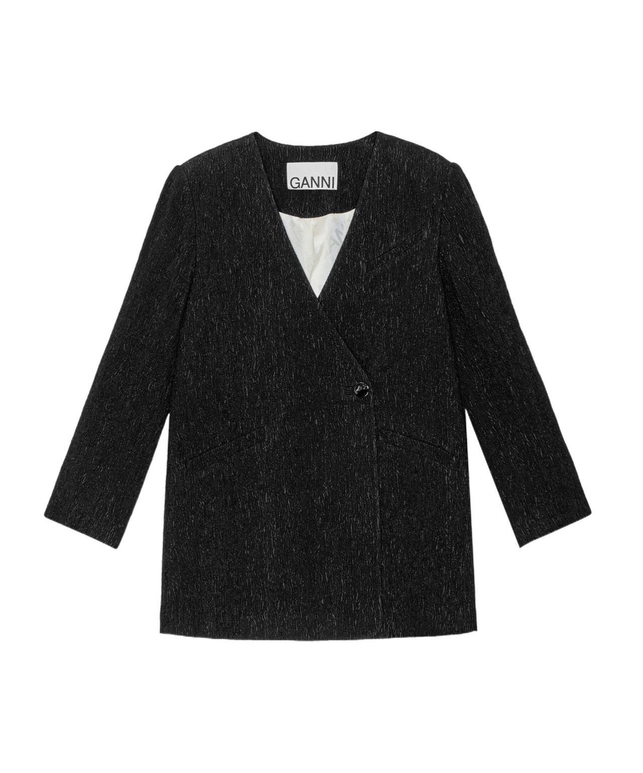 Ganni Textured Collarless Jacket In Black