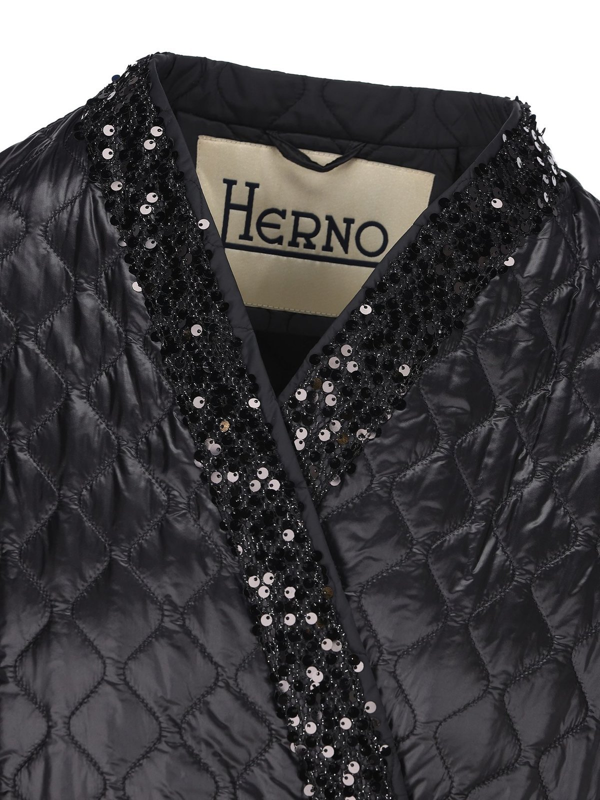 Herno Quilted Sequin Embellished Tied-waist Jacket In Black