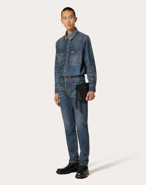 Valentino V-detail Denim Shirt In Blue