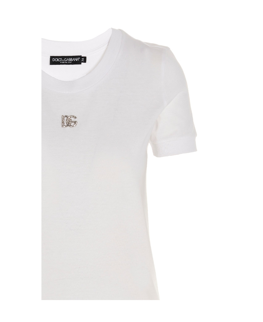 Dolce & Gabbana White T-shirt With Dg Logo On The Front Finished With Rhinestones In Cotton Woman In White