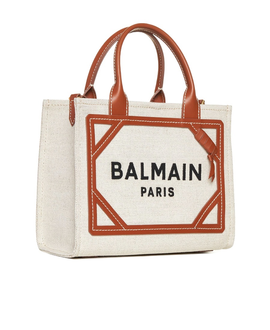 BALMAIN B-ARMY SMALL CANVAS SHOPPING BAG WITH LEATHER INSERTS