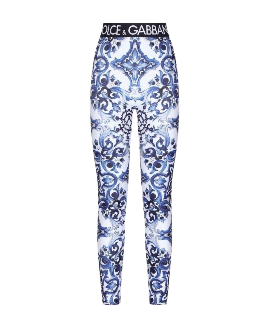 Dolce & Gabbana Multicolor Leggings With Logo Lettering On The Waist And All-over Maiolica Motif In Tech Fabric Woma In Blue