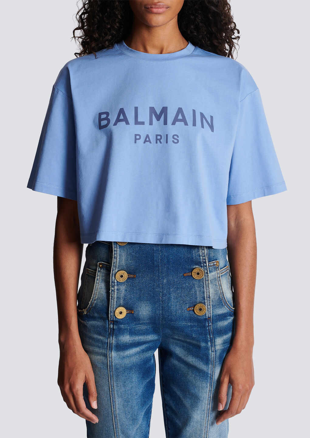 Shop Balmain Cropped Printed Logo T-shirt In Blue