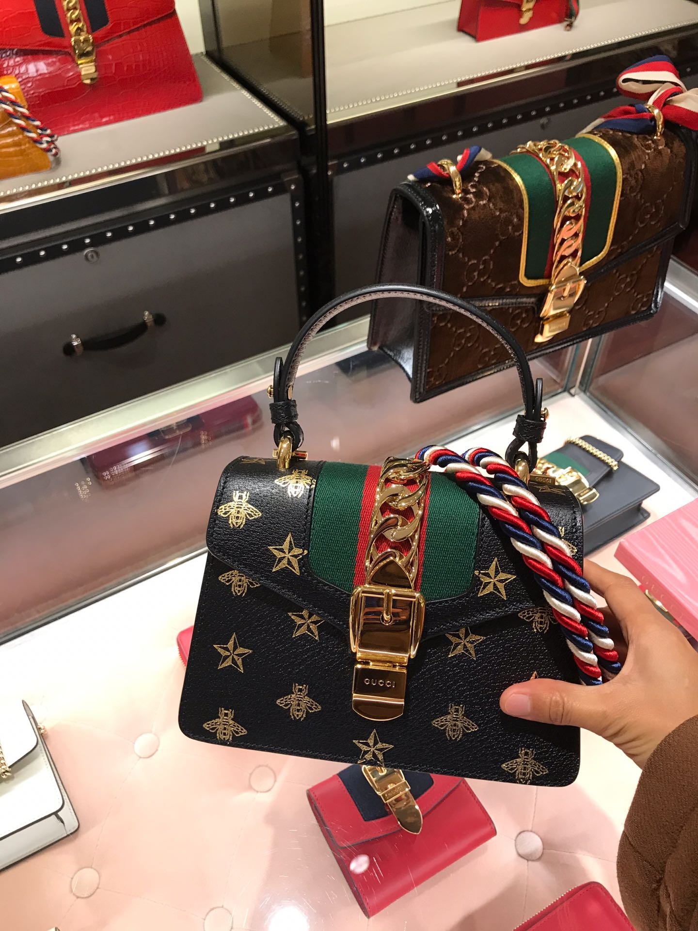 Gucci Sylvie Bee Star Mini Leather Bag In Black