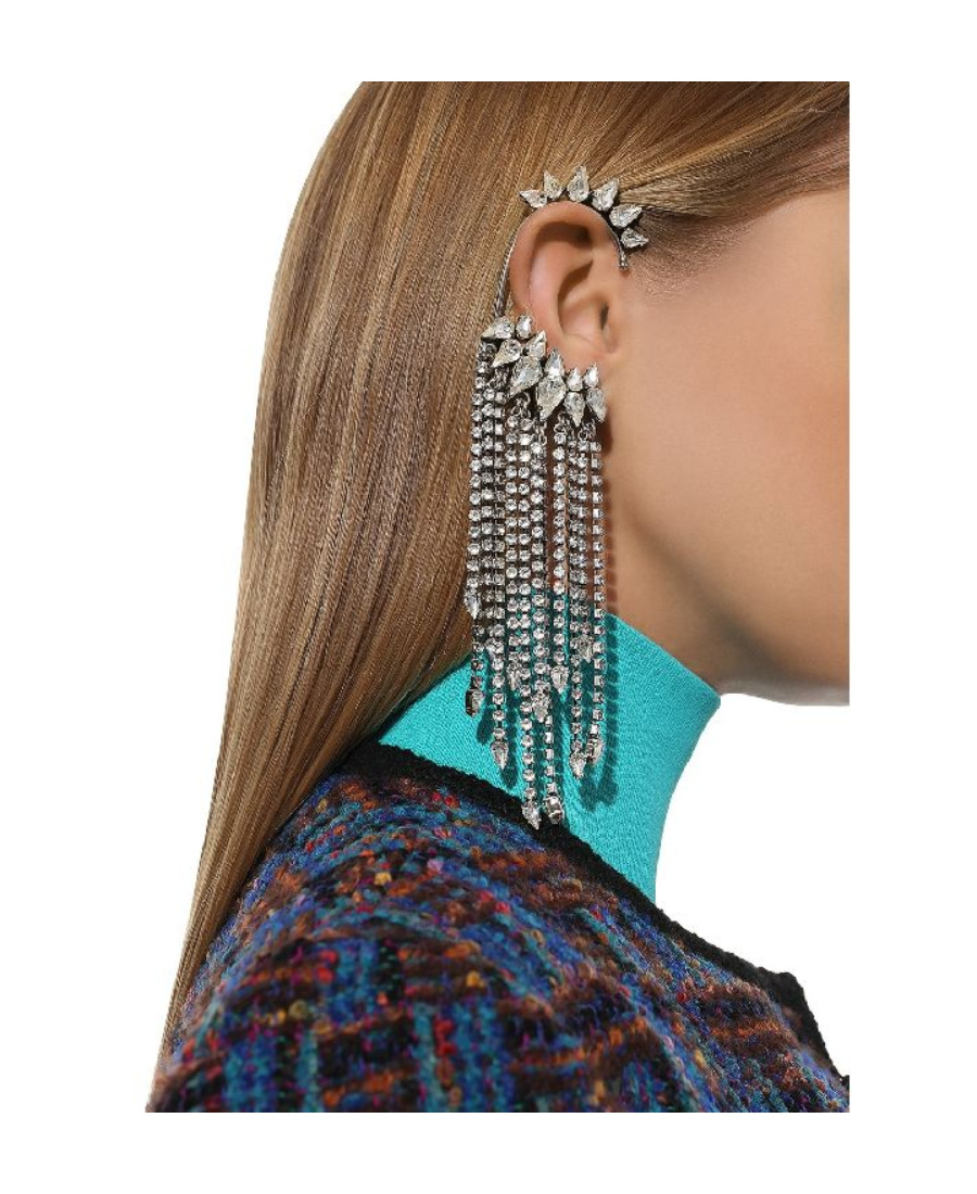 Saint Laurent Crystal Tassel Single Ear Clip In White
