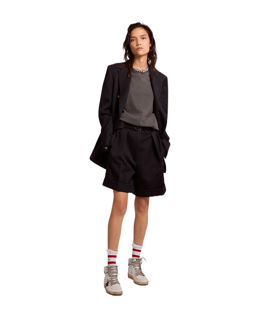 GOLDEN GOOSE GOLDEN COLLECTION SHORTS IN BLACK WOOL GABARDINE WITH BELT AT THE WAIST