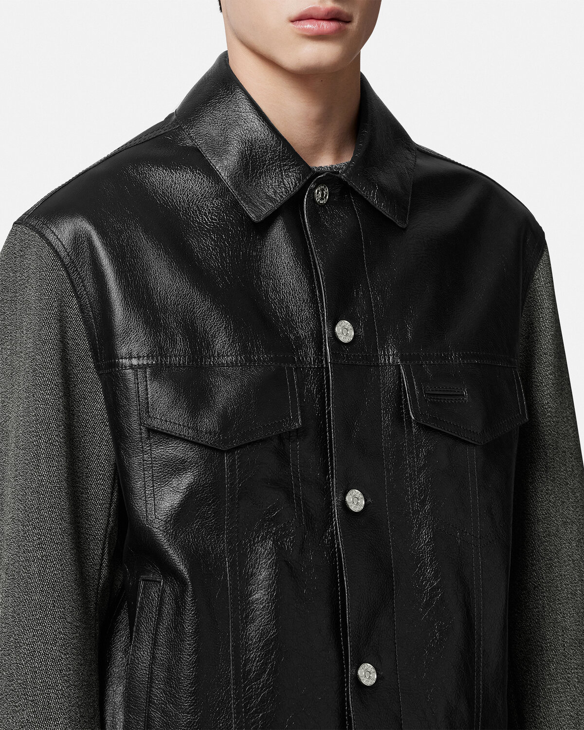 Versace Panelled Button-down Leather Jacket In Black