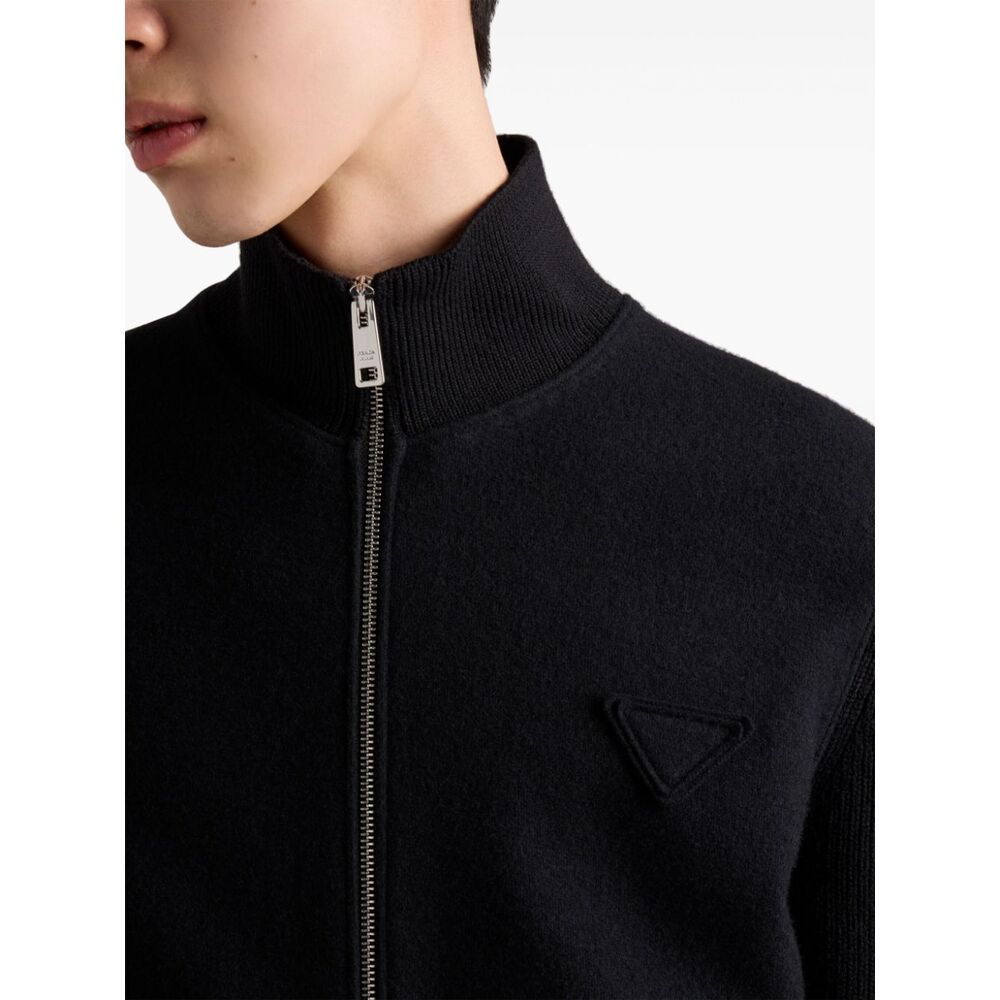 Prada Stretch Wool Blend Cardigan With Front Pockets In Black