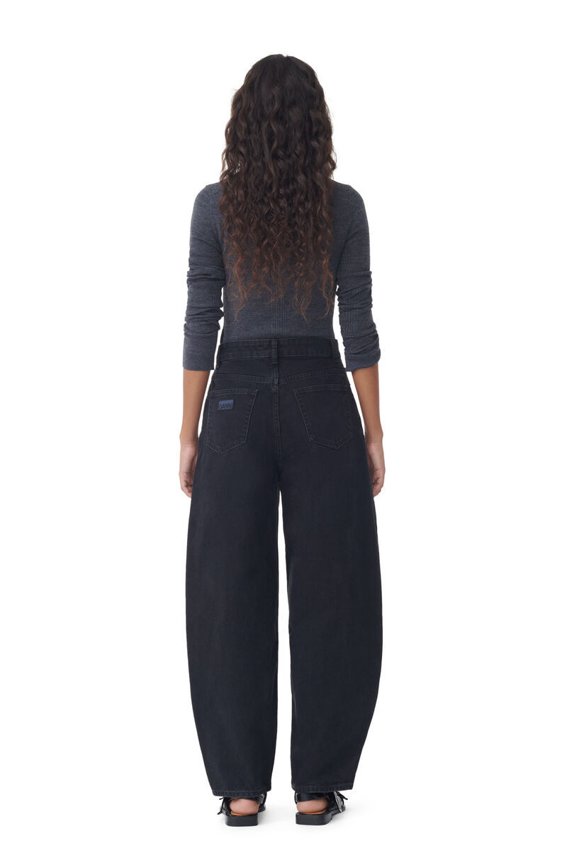 Ganni Black Pants With High Waist And Logo Patch On The Rear In Cotton Woman In Black