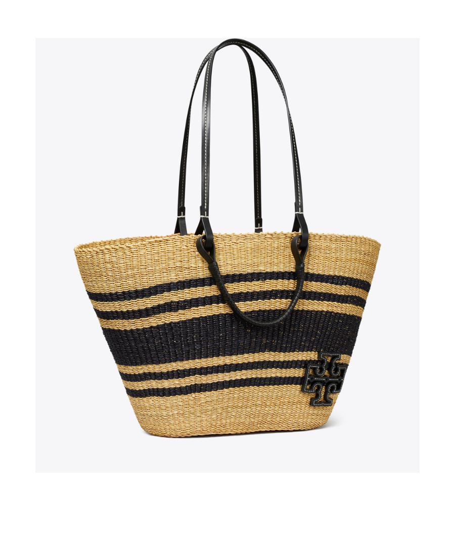 Tory Burch Ella Striped Raffia Tote Bag In Black