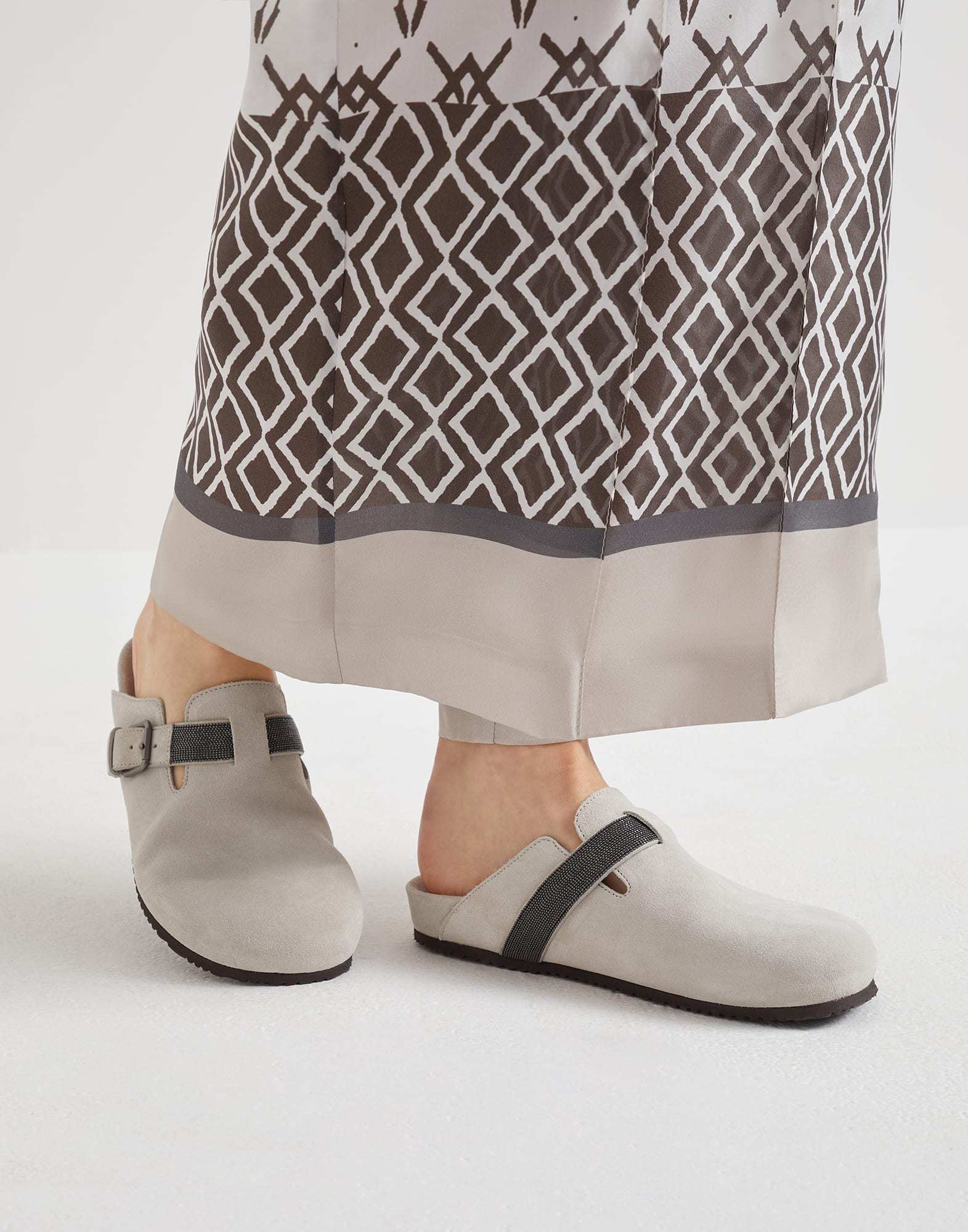 Brunello Cucinelli Monili-detail Suede Slippers In Light Gray