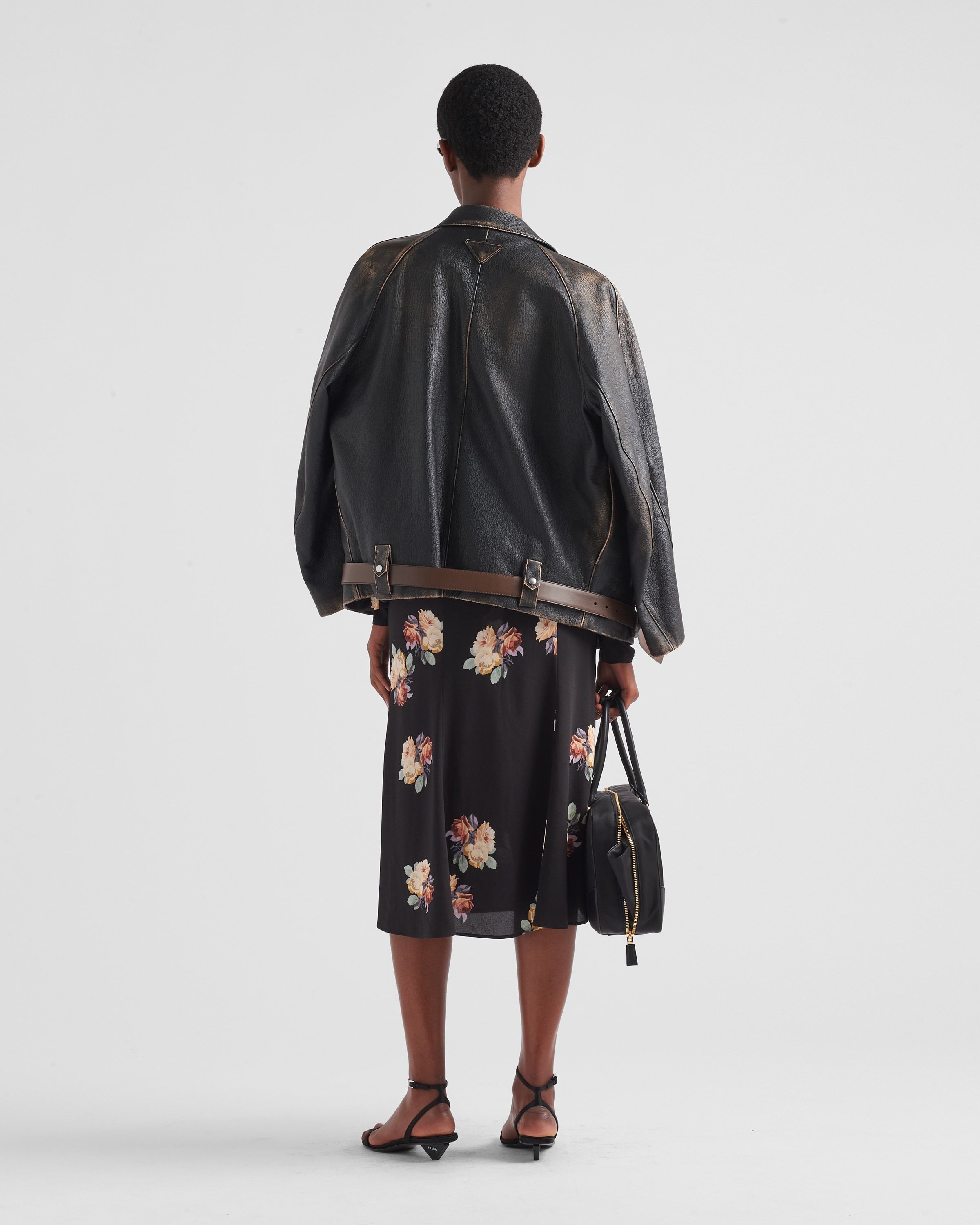 Prada Floral Cowl-neck Leather Belted Midi Dress In Black