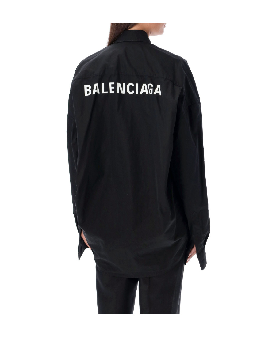 Balenciaga Logo Print Oversized Long-sleeved Shirt In Black