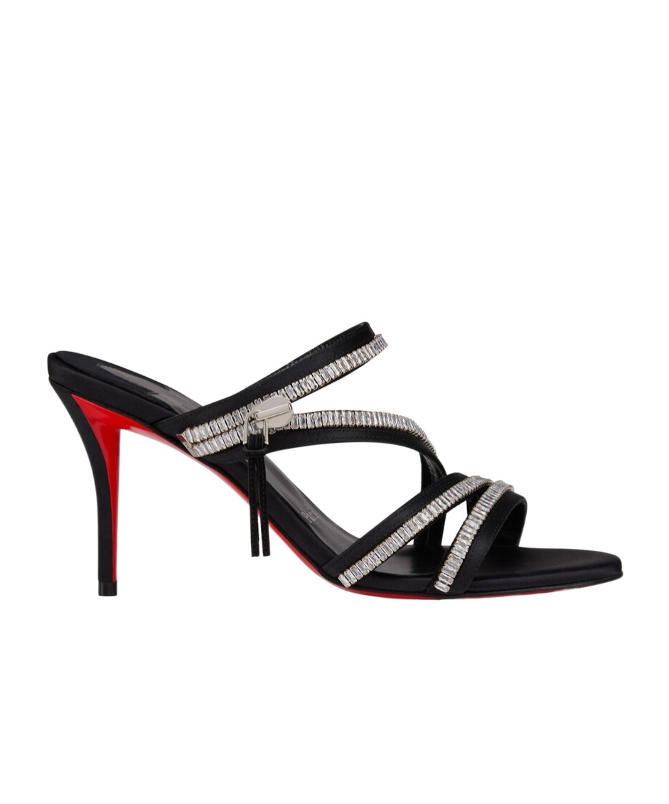 Christian Louboutin Meryl Zip Strass Satin Red Sole Sandals In Black