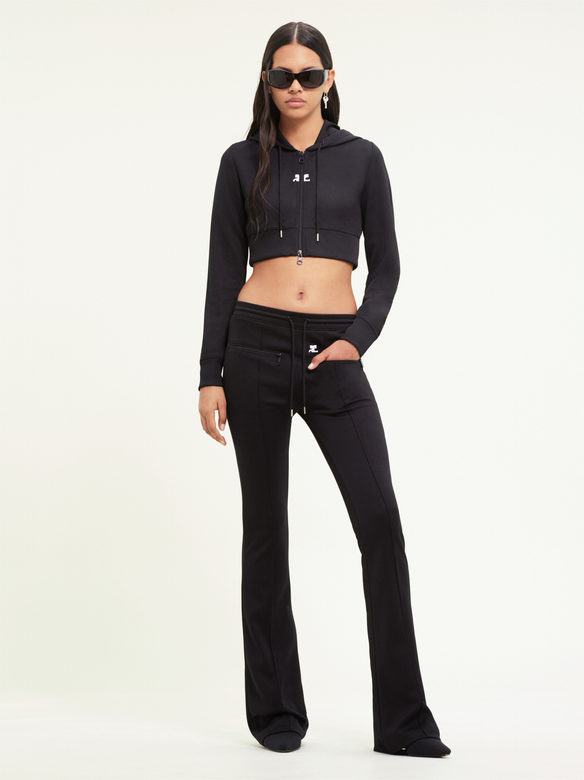 Shop Courrèges Logo-patch Cropped Zipped Hoodie In Black