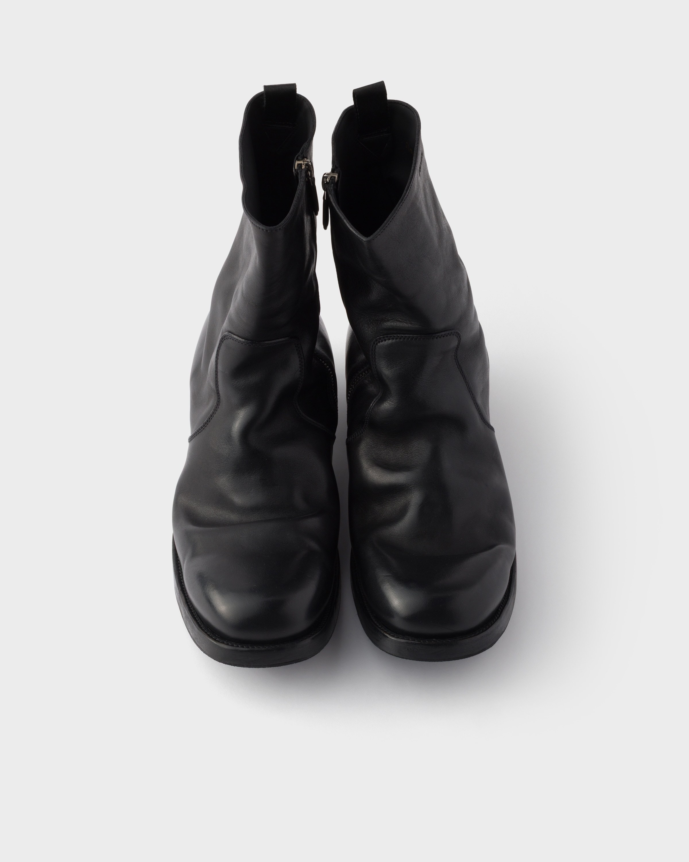 Prada Round Toe Leather Ankle Boots With Block Heel In Black