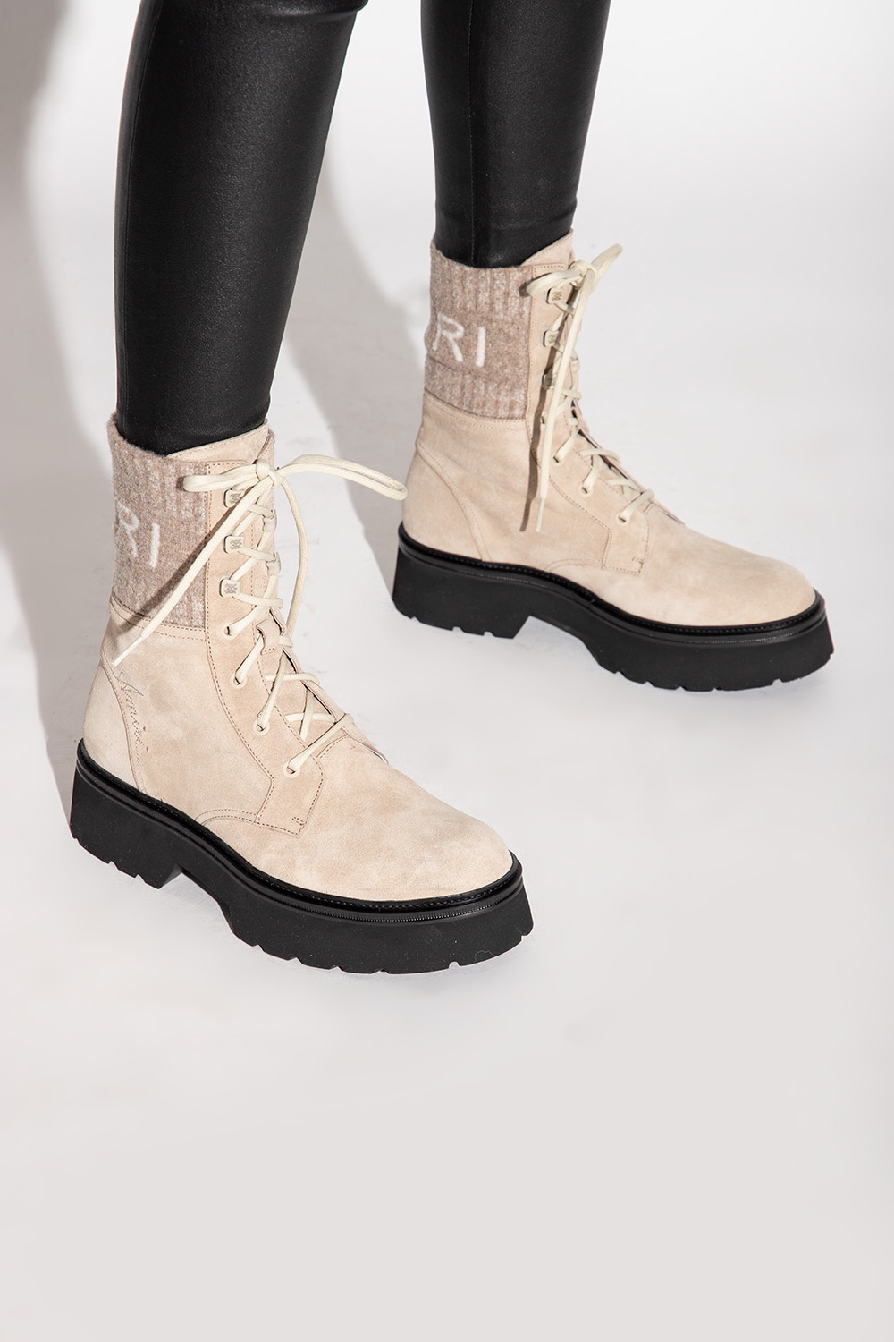 Amiri Logo-jacquard Suede Boots In Nude