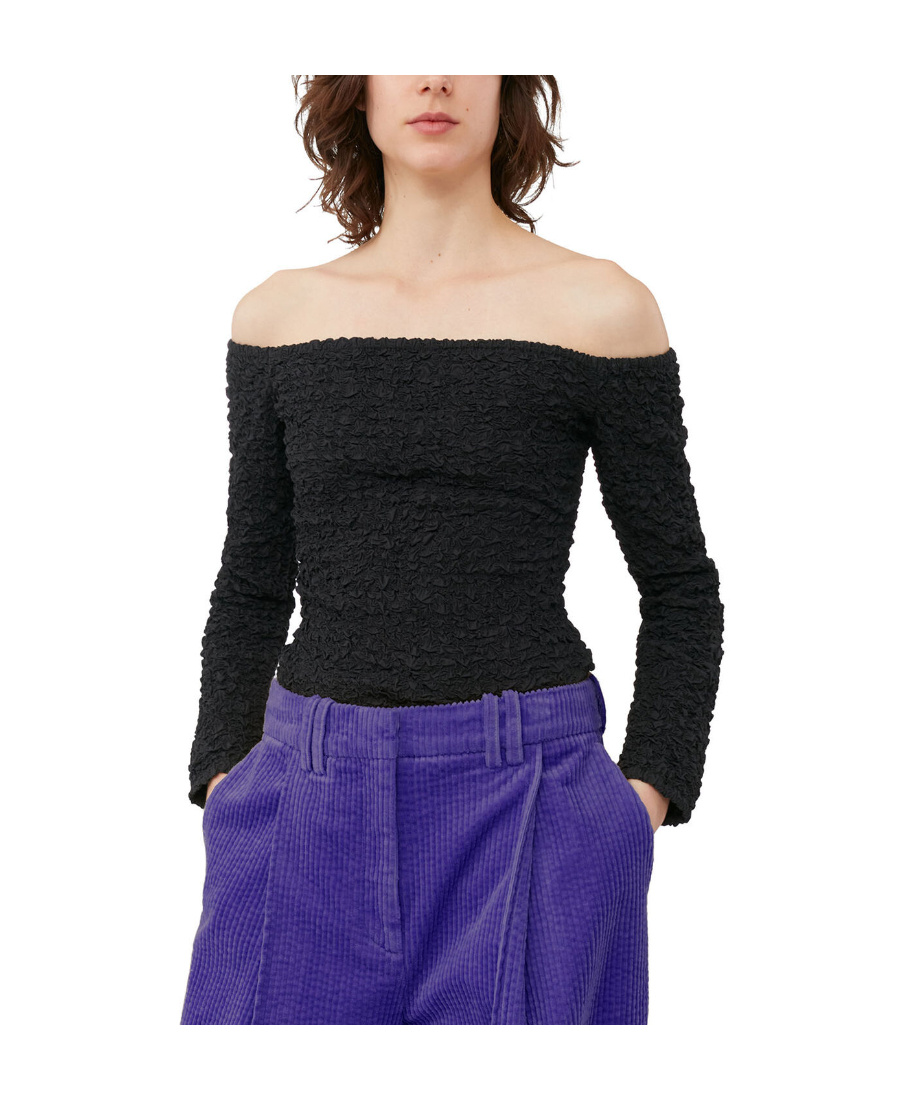 Ganni Off-shoulder Smock-effect Top In Black