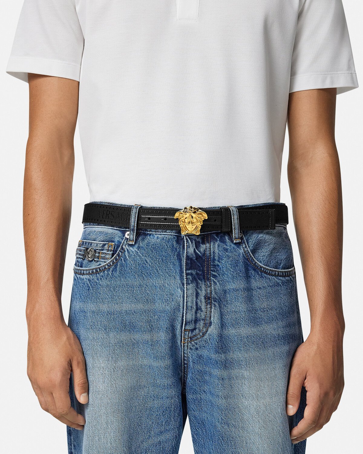 Shop Versace La Medusa Leather Belt In Black