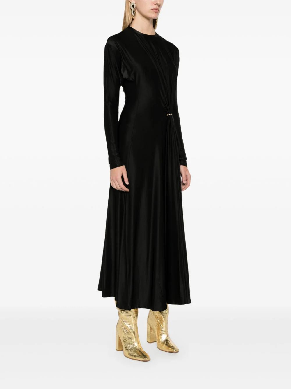 Rabanne Long-sleeve Gathered Midi Dress In Black In Black