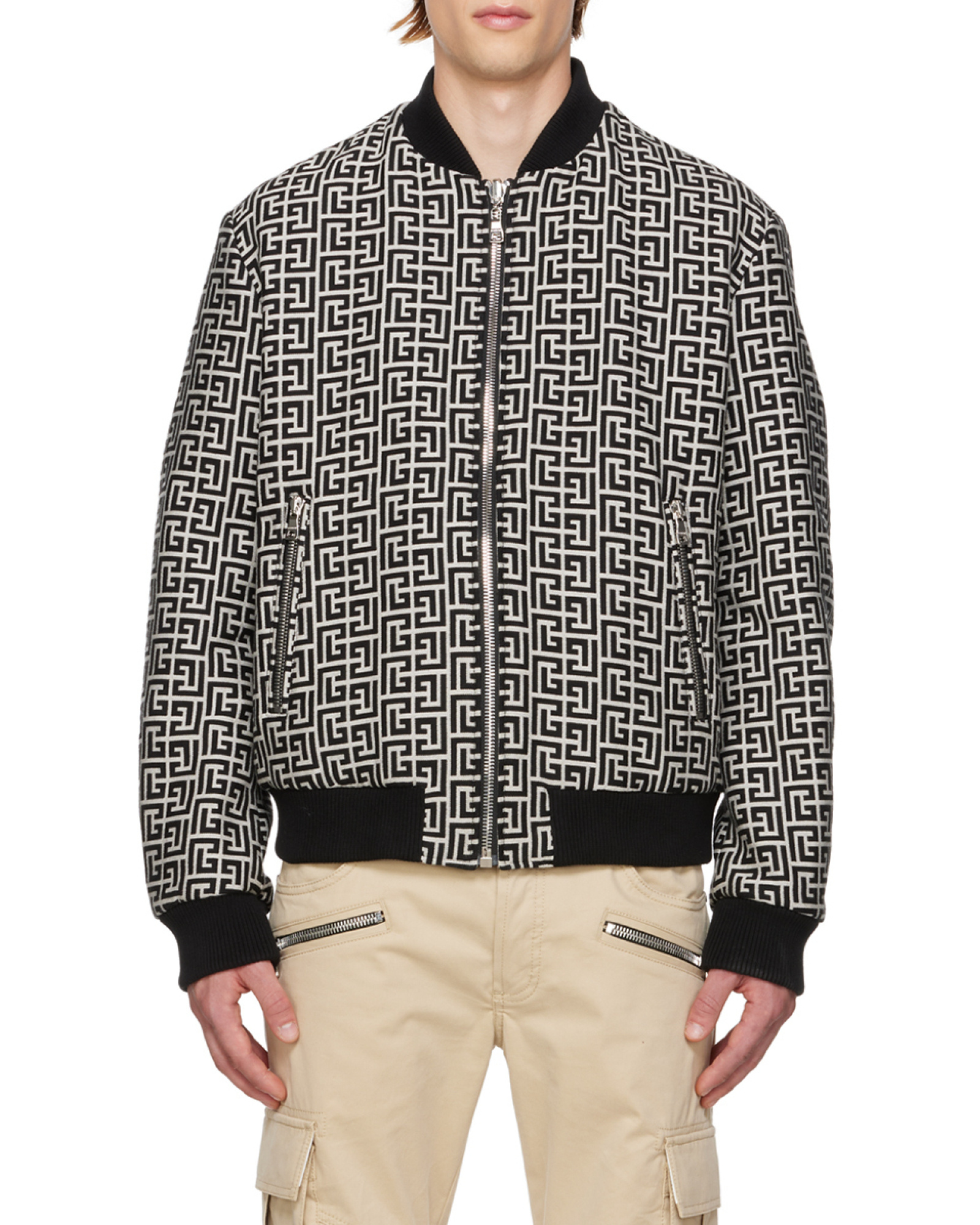Balmain Monogram-pattern Reversible Bomber Jacket In Black