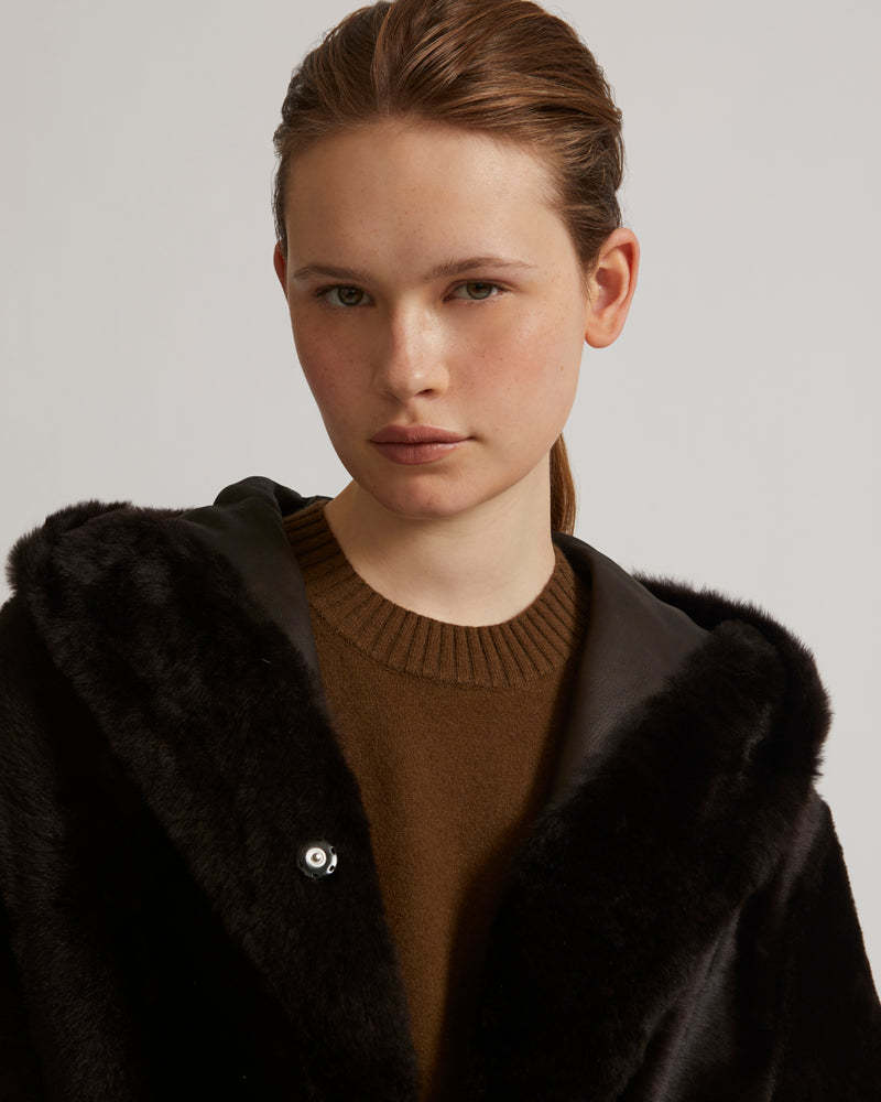 Yves Salomon Reversible Hooded Shearling Coat In Black