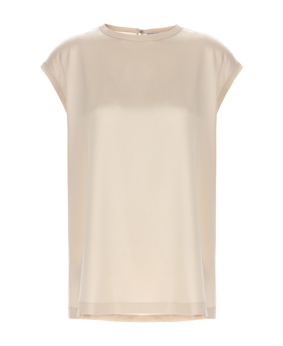 Brunello Cucinelli Cap-sleeve Satin-finish Blouse In Nude