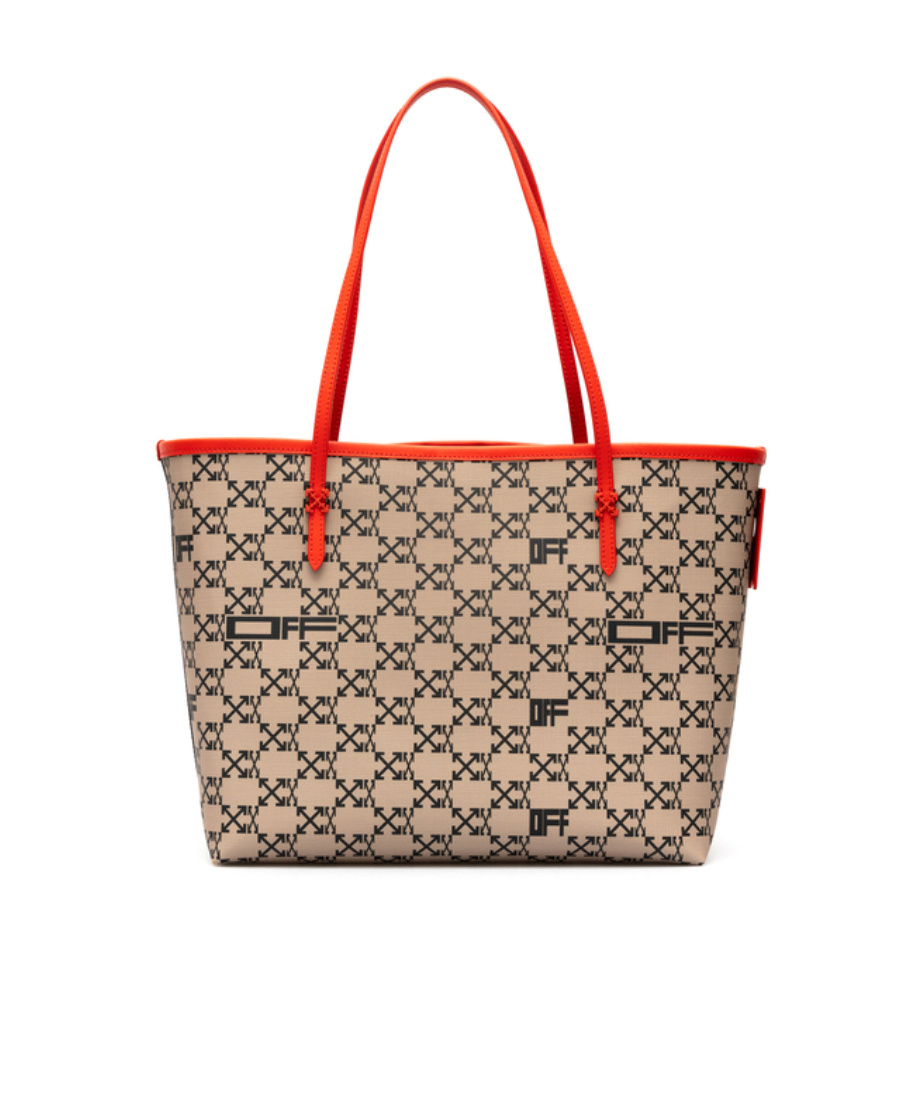 Off-white Logoed Fabric Tote Bag With Leather Trims In Brown