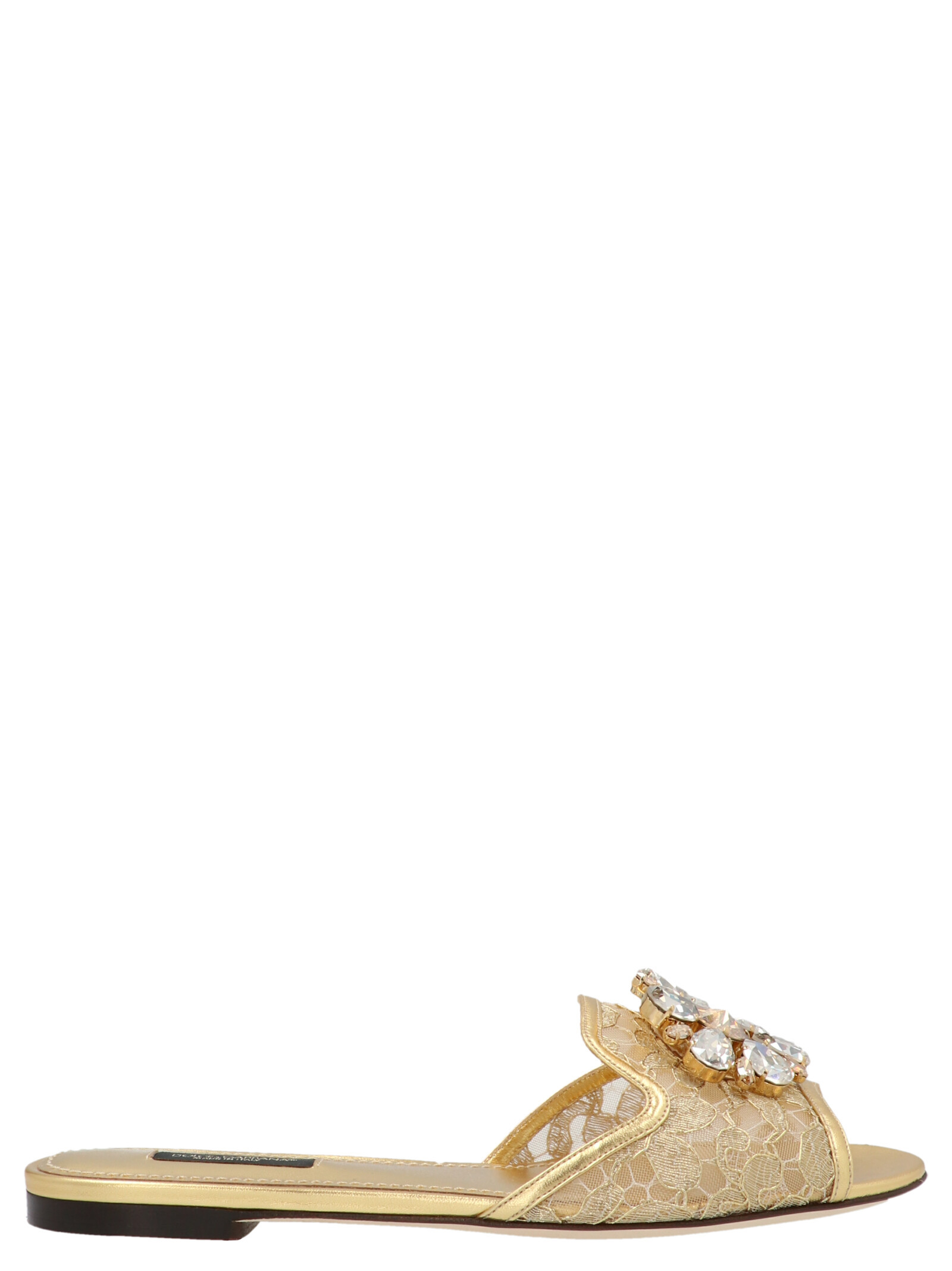 Dolce & Gabbana Rainbow Slides In Gold Lurex Lace With Brooch In Nude