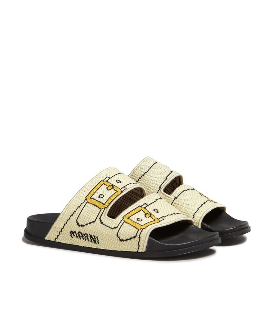 Marni Ecru And Gold Trompe L'oeil Jacquard Two-strap Slide In Brown
