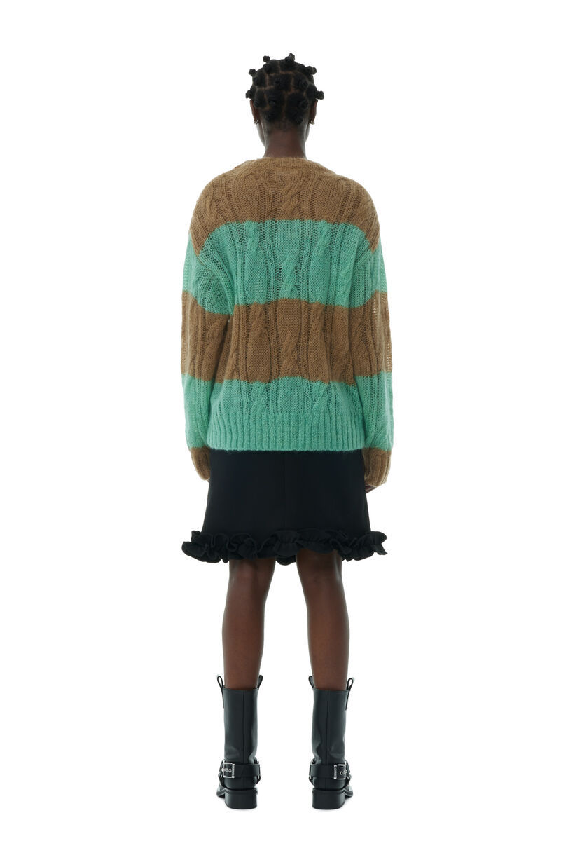 Shop Ganni Striped Mohair Cable O-neck Sweater In Green