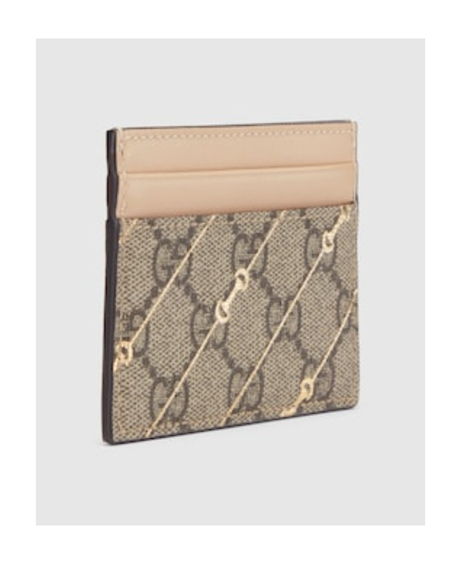 Shop Gucci Horsebit-print Leather Cardholder In Nude