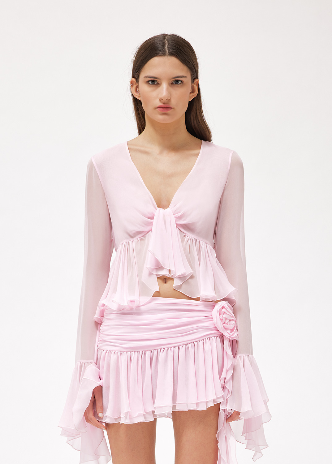 Blumarine Ruffled Long-sleeve Silk Blouse In Pink