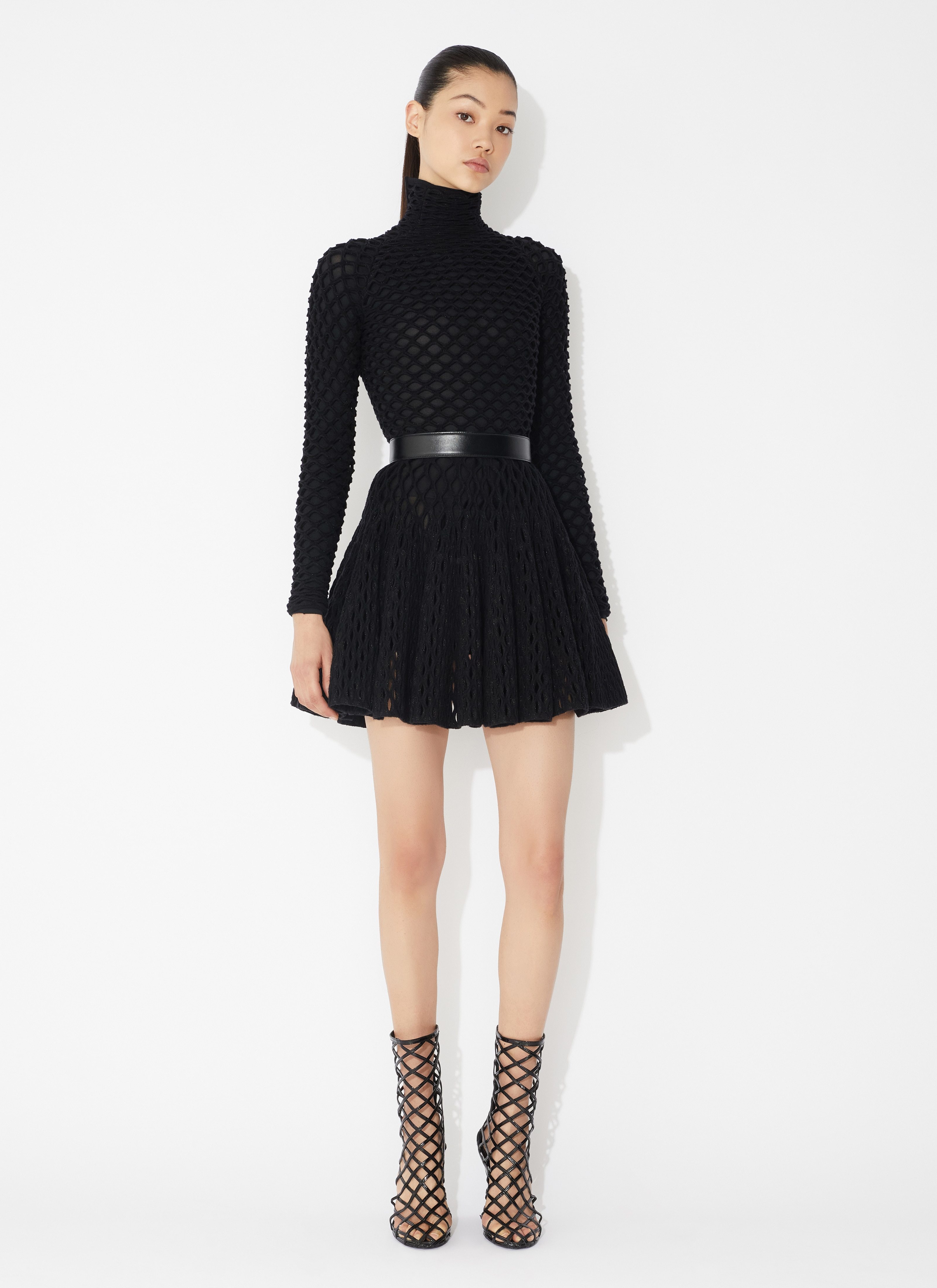 Alaïa Cage Openwork Pleated Mini Skirt In Black