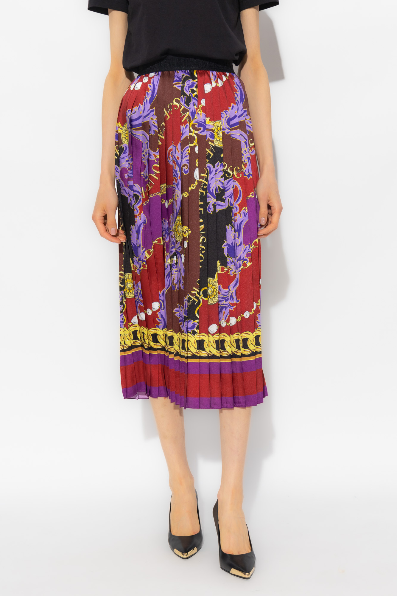 Versace Jeans Chain-print Plissé Midi Skirt In Red