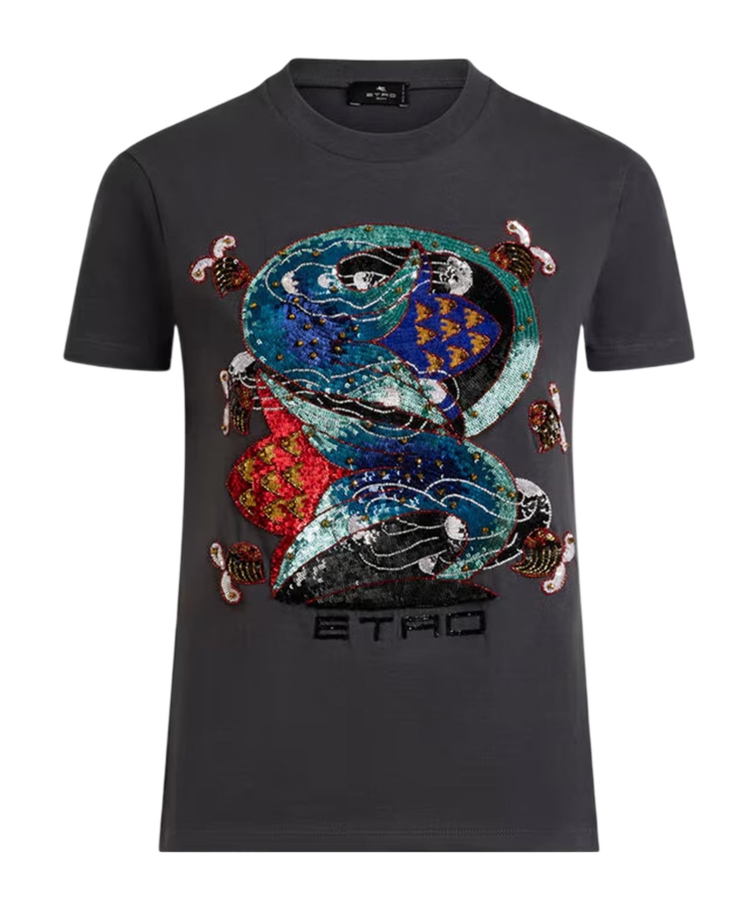 Etro Cotton T-shirt With Sequin Embroidery In Gray