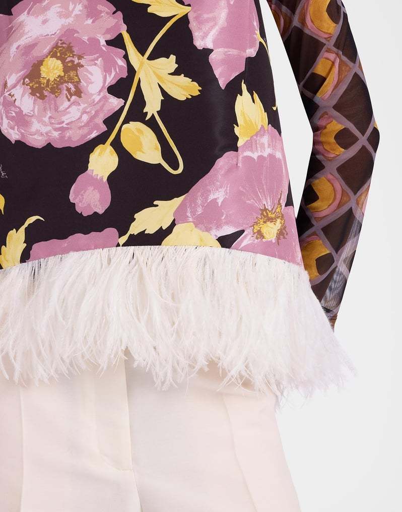 La Doublej La Double J Floral Print Top With Feather Trim In Multicolor