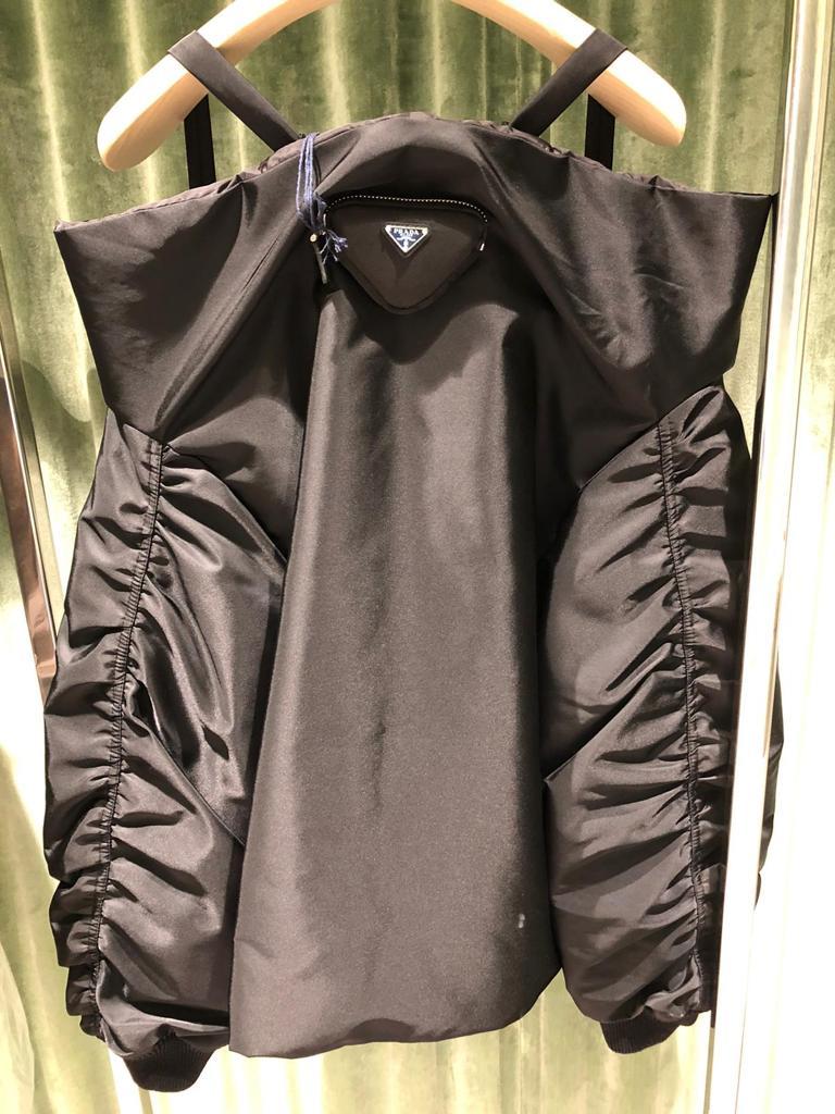 Prada Re-nylon Off-shoulder Bomber Jacket In Black