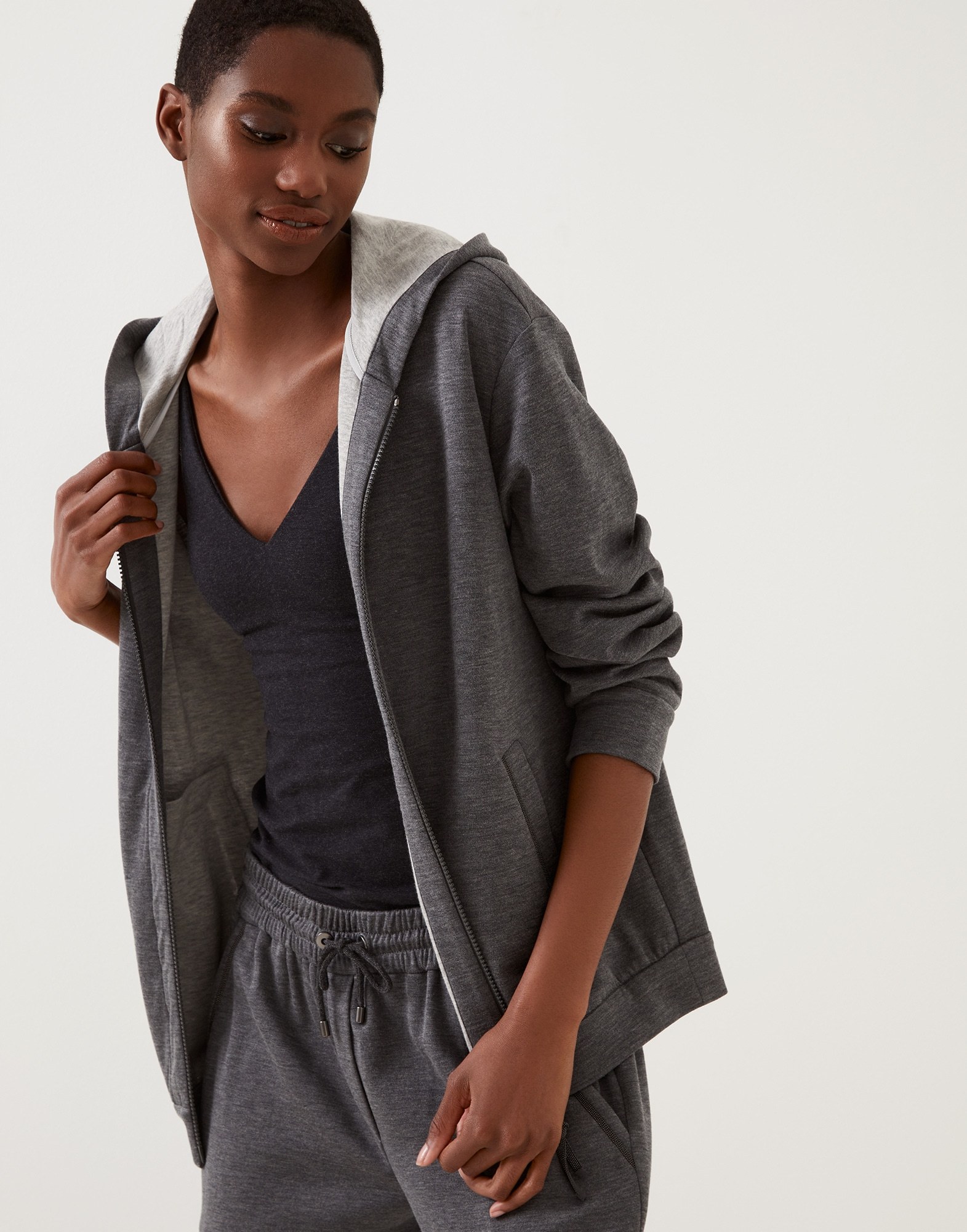 Brunello Cucinelli Women Cotton-silk Sweatshirt Topwear With Jewellery In Gray