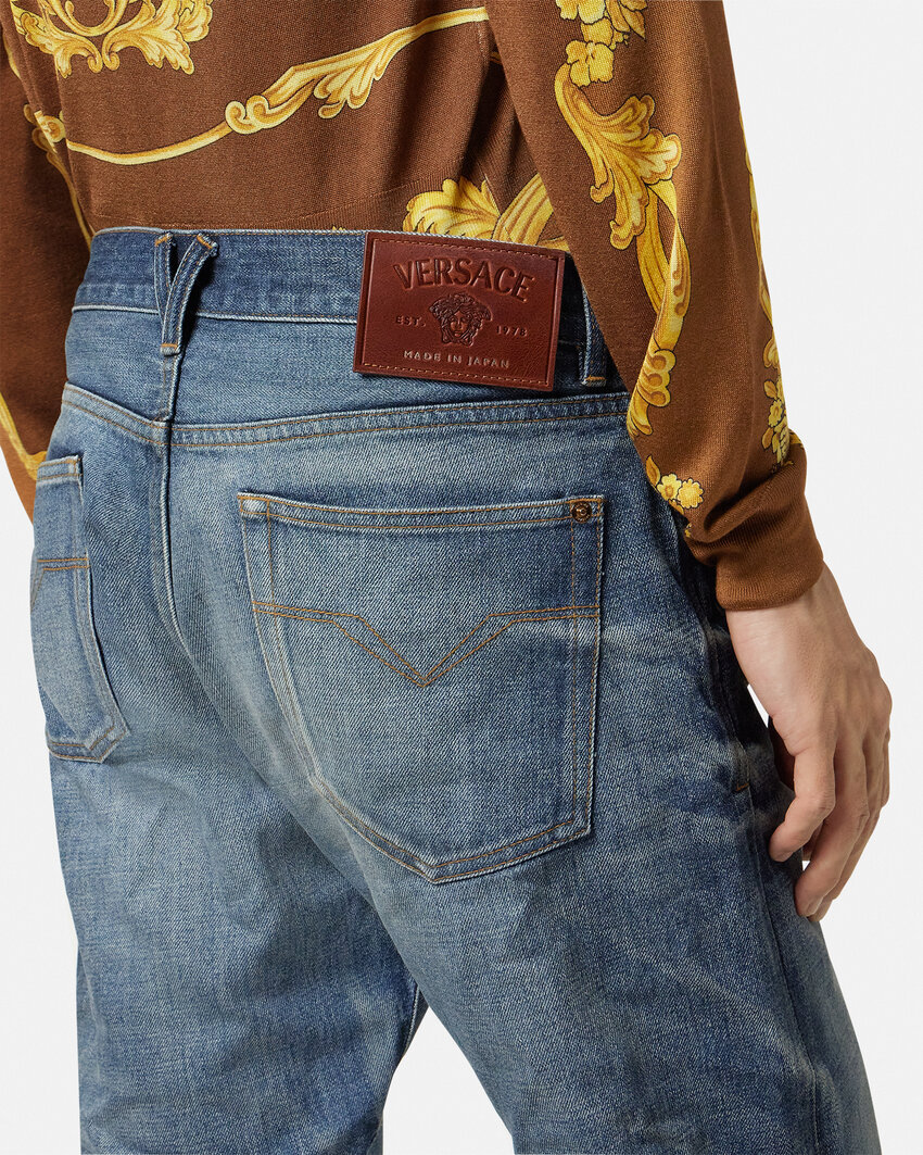 Versace Blue Jeans With Regular Fit And Medusa Hardware In Blue