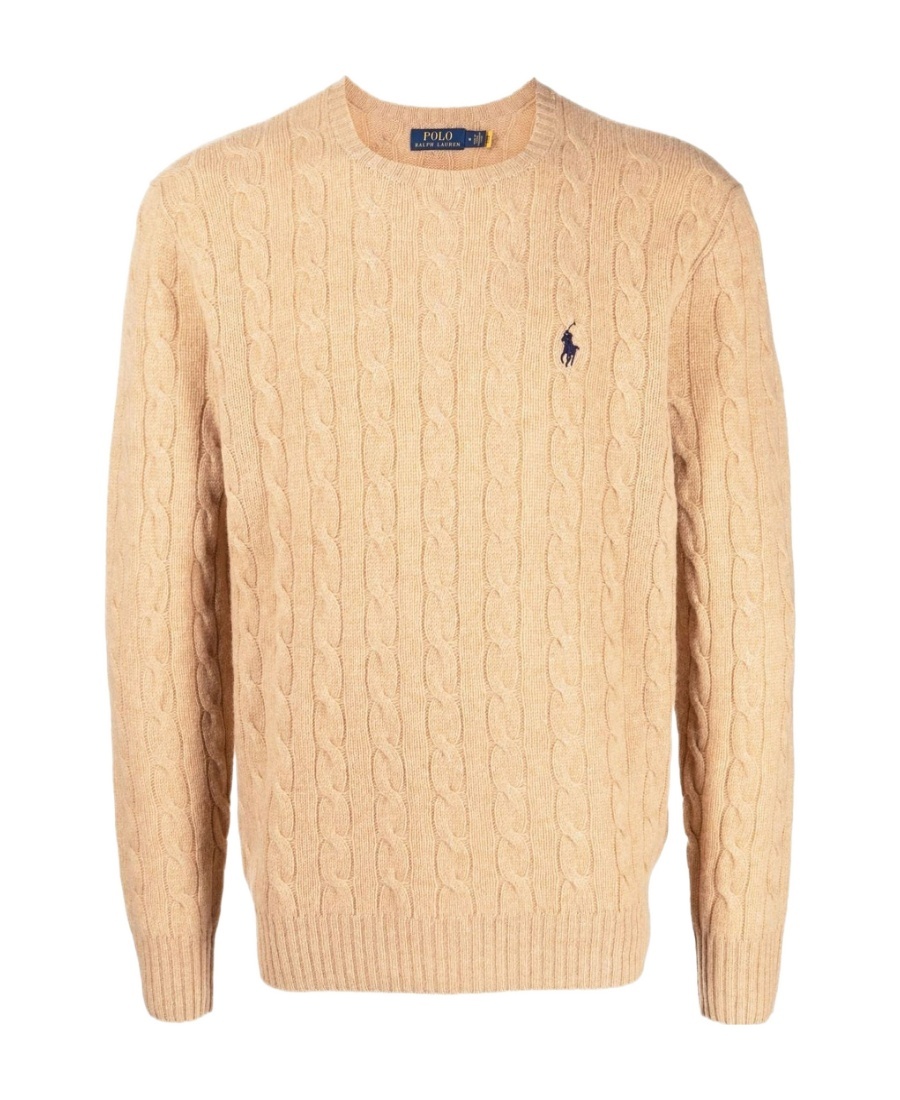 Polo Ralph Lauren Beige Cable Knit Crewneck Sweater With Pony Embroidery On The Front In Wool And Cashmere Man In Brown