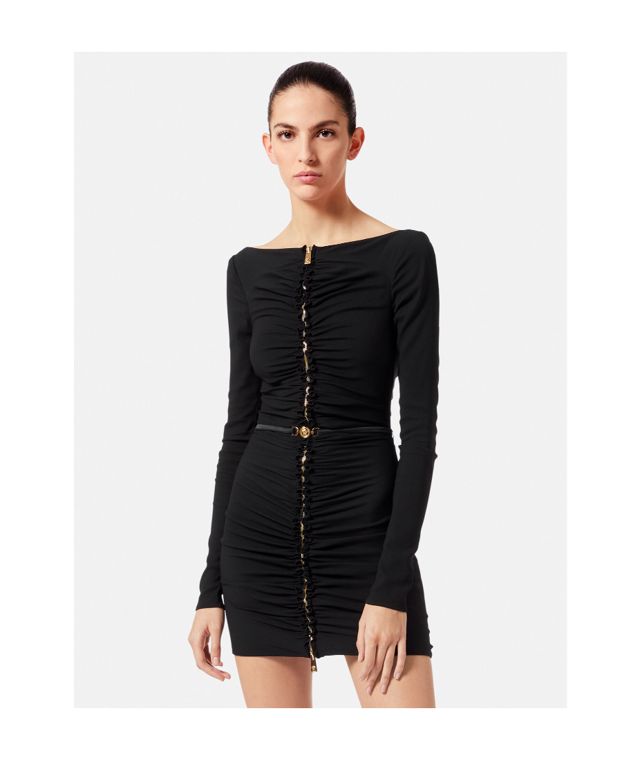 Versace Medusa Head-buckled Ruched Georgette Mini Dress In Black