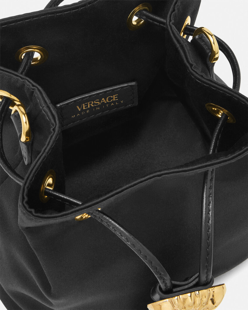 Versace La Medusa Satin Mini Bucket Bag In Black