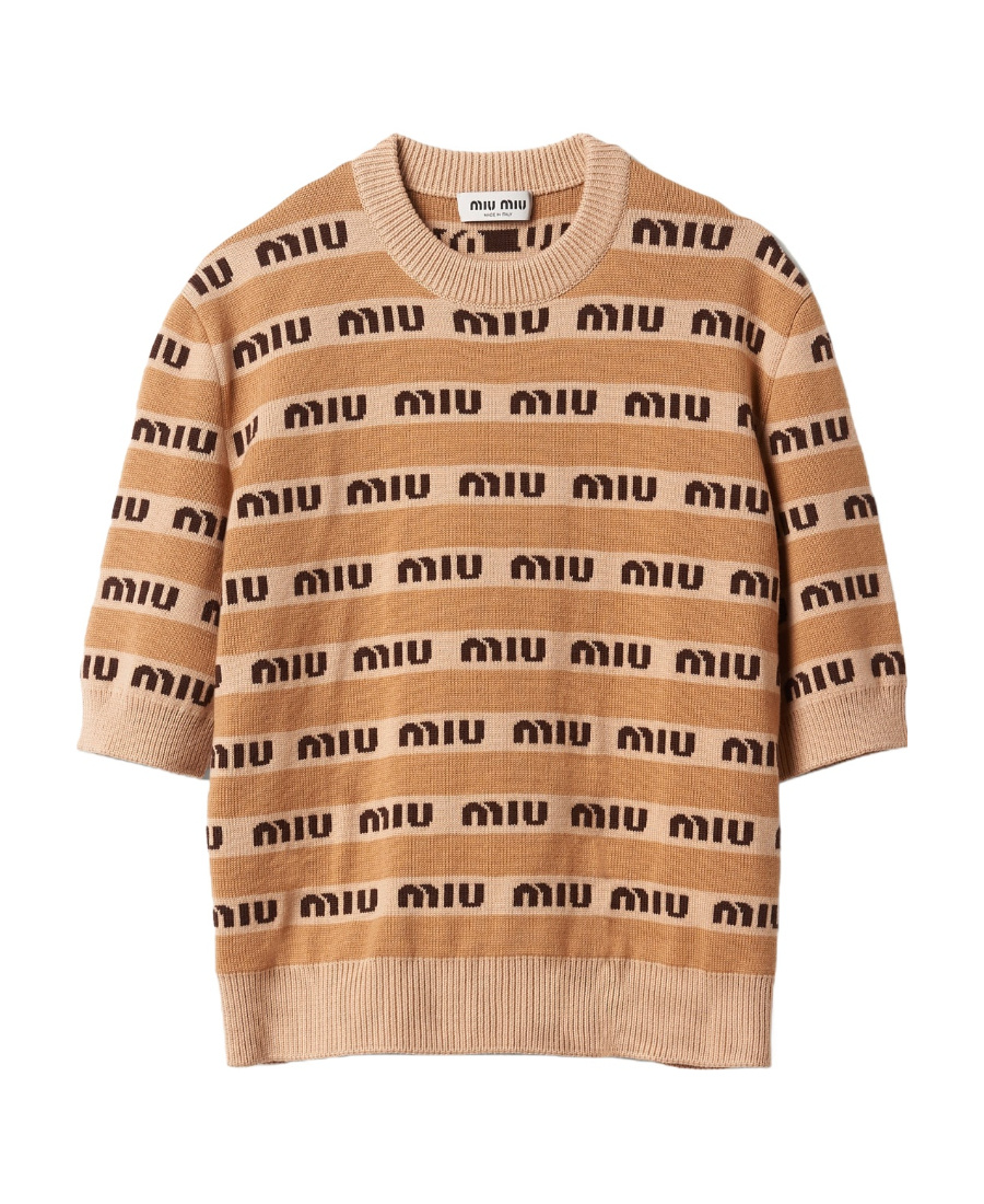 Miu Miu Logo-intarsia Short-sleeve Wool Sweater In Nude