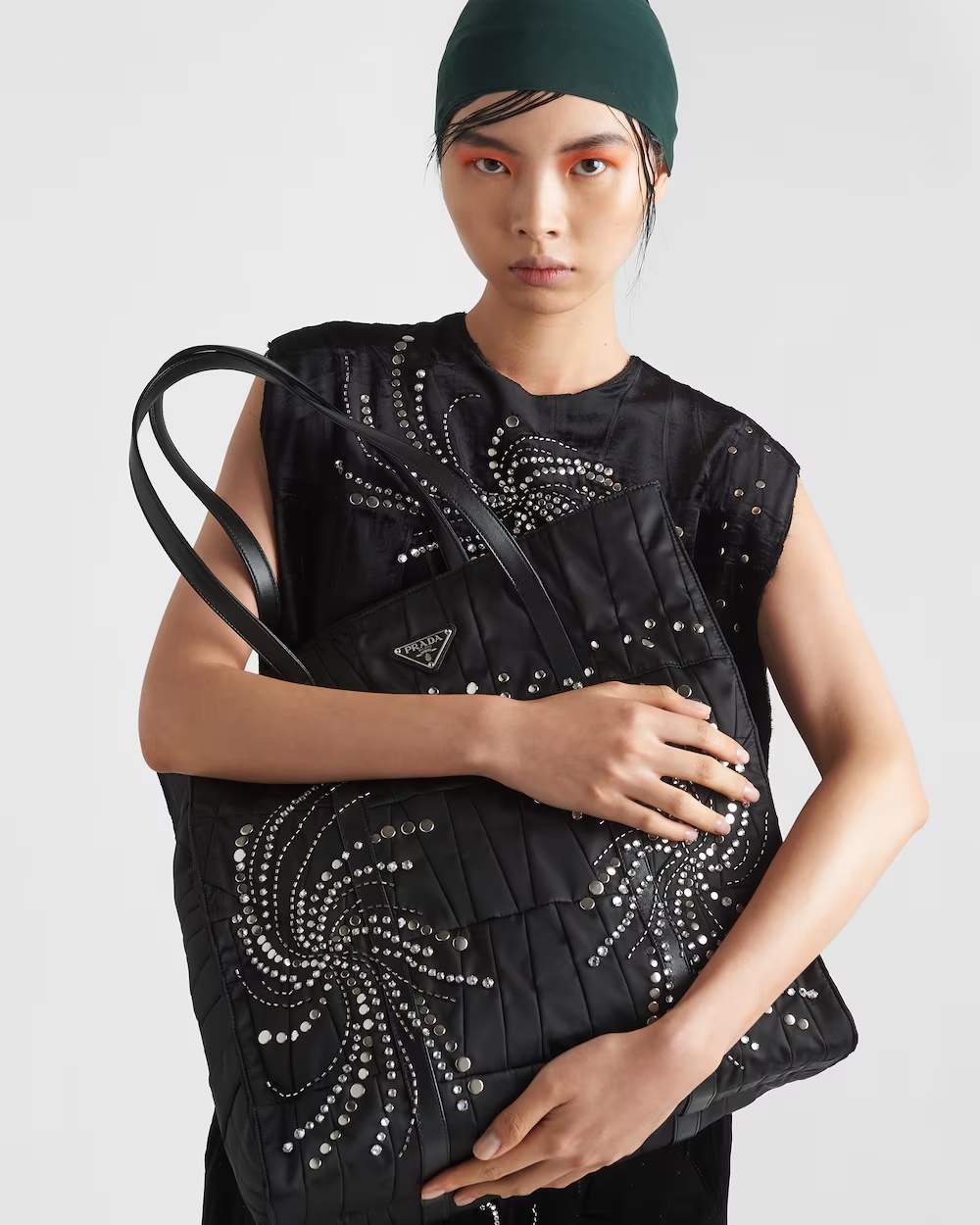 Shop Prada Large Re-nylon Patchwork Tote Bag With Embroidery In Black