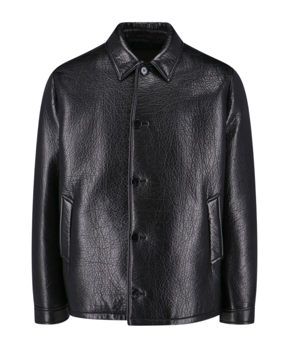 Prada Single-breasted Leather Jacket Men In Black
